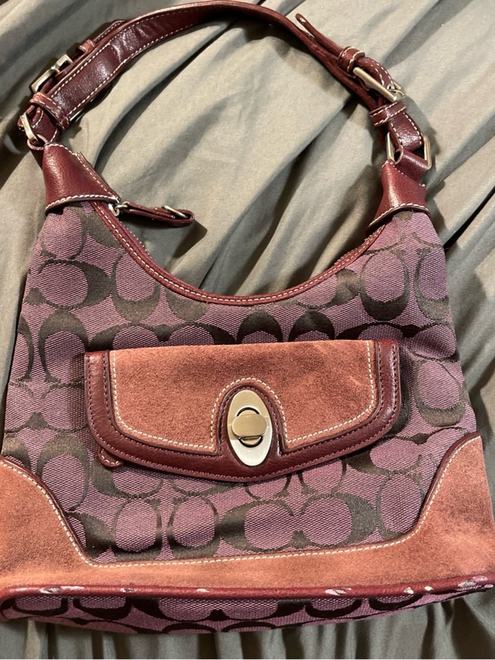 Coach Plum Signature Canvas and Suede Hobo Bag with Leather Trim